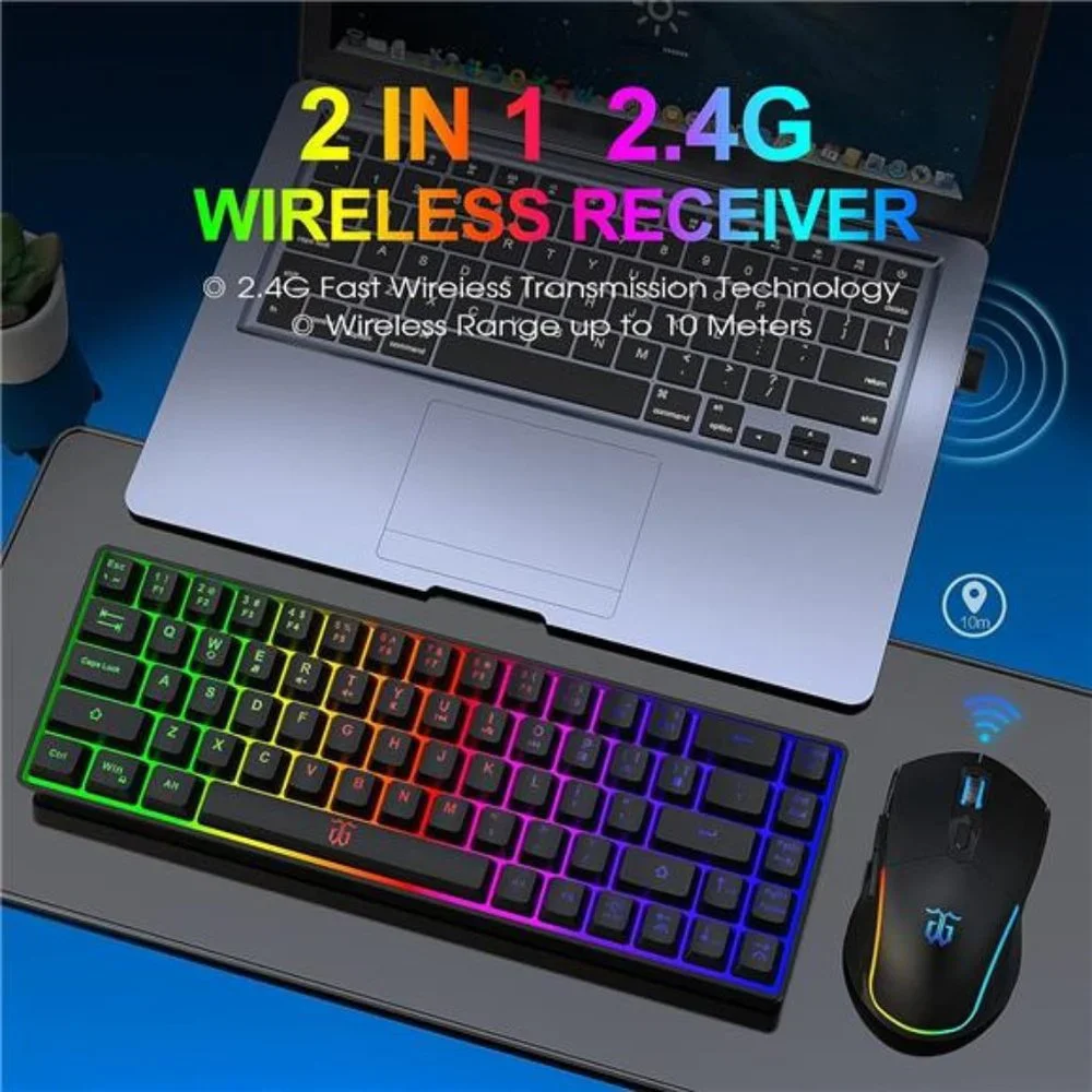 60% Wireless Gaming Keyboard and Mouse Combo,LED Backlit Rechargeable 2000mAh